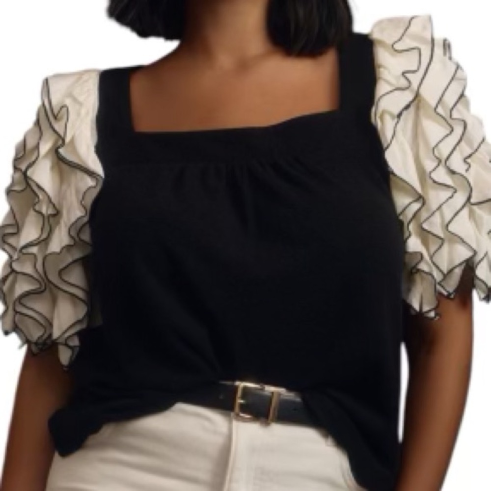 Anthropologie Black Top with Cream Ruffled Sleeve Detail